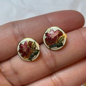 Vintage Cloisonné Lily Flower Earrings, Pink Enamel Floral Circle Lily Jewelry